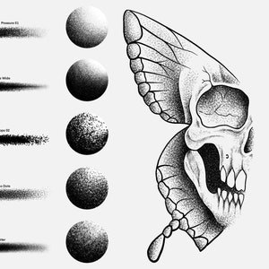 May include: A black and white illustration of a skull with butterfly wings. The skull is detailed with teeth and an eye socket. The wings are made up of stippled dots.