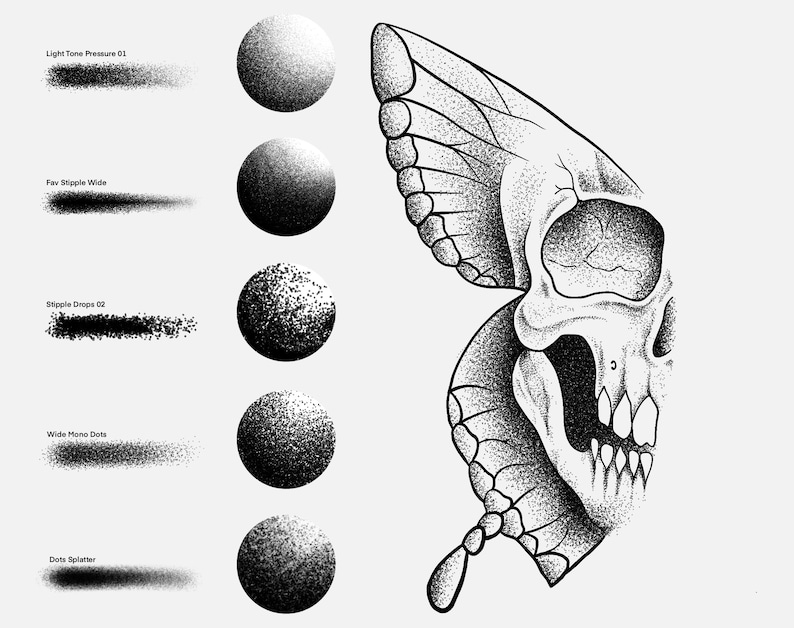 May include: A black and white illustration of a skull with butterfly wings. The skull is detailed with teeth and an eye socket. The wings are made up of stippled dots.