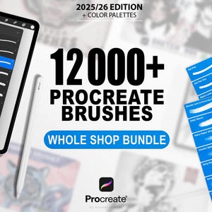12 000+ Procreate-penslar, komplett butikspaket + färgpaletter | Megapaket med skiss, bläck, manga, akvarell, papperstexturer, målning för iPad