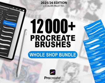 12000+ Procreate Brushes Whole Shop Bundle + Color Palettes | Mega Pack Sketch, Ink, Manga, Watercolor, Paper Textures, Painting for iPad