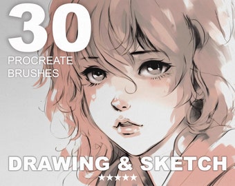 May include: A digital illustration of a woman's face with pink hair, showing a close-up of her eyes and mouth. The image is used to advertise a set of 30 Procreate brushes for drawing and sketching.