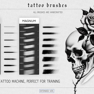 Puede incluir: Pinceles de tatuaje digitales con varios estilos de l&iacute;nea, incluyendo RL y Magnum. La imagen presenta una calavera con una rosa y un l&aacute;piz digital. El texto dice "tattoo brushes" e "imitates a tattoo machine".