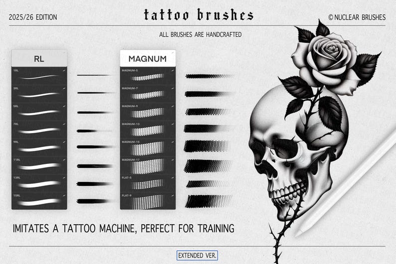 Puede incluir: Pinceles de tatuaje digitales con varios estilos de l&iacute;nea, incluyendo RL y Magnum. La imagen presenta una calavera con una rosa y un l&aacute;piz digital. El texto dice "tattoo brushes" e "imitates a tattoo machine".
