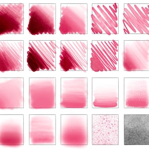 Puede incluir: Una colecci&oacute;n de 24 texturas de pincel digitales en tonos de rosa y rojo. Las texturas incluyen degradados, rayas, puntos y otros patrones abstractos.