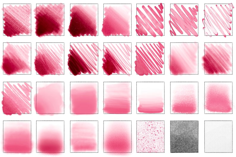 Puede incluir: Una colecci&oacute;n de 24 texturas de pincel digitales en tonos de rosa y rojo. Las texturas incluyen degradados, rayas, puntos y otros patrones abstractos.