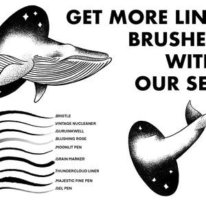 May include: A set of 10 line brushes for digital art, featuring a variety of brush strokes. The brush names are listed below the brush strokes. The image also features two illustrations of whales with a starry sky background.
