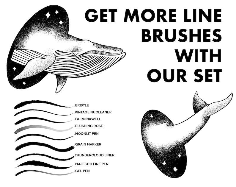 May include: A set of 10 line brushes for digital art, featuring a variety of brush strokes. The brush names are listed below the brush strokes. The image also features two illustrations of whales with a starry sky background.