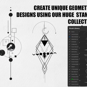 Może przedstawiać: Ilustracja cyfrowa przedstawiająca dwa wzory geometryczne stworzone przy użyciu kolekcji cyfrowych stempli. Wzory składają się z k&oacute;ł, kwadrat&oacute;w, tr&oacute;jkąt&oacute;w i innych kształt&oacute;w. Tekst "CREATE UNIQUE GEOMETRIC DESIGNS USING OUR HUGE STAMPS COLLECTION" znajduje się w g&oacute;rnej części obrazu. Po prawej stronie obrazu znajduje się lista cyfrowych stempli.