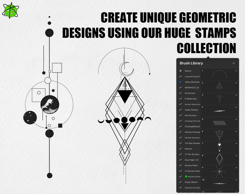 Może przedstawiać: Ilustracja cyfrowa przedstawiająca dwa wzory geometryczne stworzone przy użyciu kolekcji cyfrowych stempli. Wzory składają się z k&oacute;ł, kwadrat&oacute;w, tr&oacute;jkąt&oacute;w i innych kształt&oacute;w. Tekst "CREATE UNIQUE GEOMETRIC DESIGNS USING OUR HUGE STAMPS COLLECTION" znajduje się w g&oacute;rnej części obrazu. Po prawej stronie obrazu znajduje się lista cyfrowych stempli.