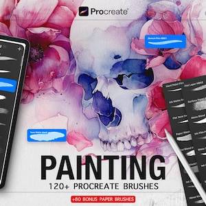 May include: Digital art brushes for Procreate, featuring a skull and floral background. The image showcases a tablet displaying brush options, a stylus, and cards with brush samples. Text includes "PAINTING" and "120+ PROCREATE BRUSHES".