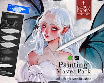 May include: A digital art brush pack for Procreate with 65+ brushes. The image shows a digital illustration of a woman with white hair and wings, a stylus, and a preview of the brushes.