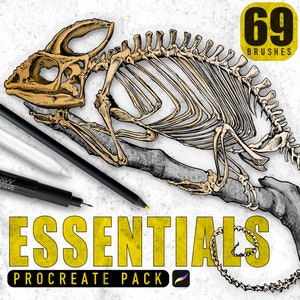 Puede incluir: Un conjunto de 69 pinceles Procreate con una ilustración de un camaleón esquelético. Los pinceles están diseñados para el arte digital y forman parte de un paquete Essentials.