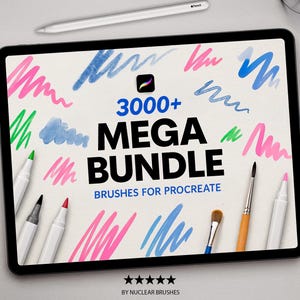 Op de afbeelding: Een digitale tablet met een afbeelding met de tekst "3000+ MEGA BUNDLE BRUSHES FOR PROCREATE" en kleurrijke penseelstreken. De tablet is omringd door verschillende kunstbenodigdheden, waaronder kwasten, stiften en een stylus.