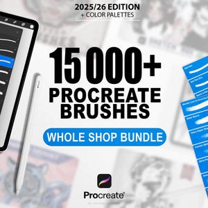 Może przedstawiać: iPad Pro z rysikiem wyświetla bibliotekę pędzli Procreate. Obraz przedstawia pakiet ponad 15 000 pędzli Procreate z tekstem "WHOLE SHOP BUNDLE" i "2025/26 EDITION + COLOR PALETTES".