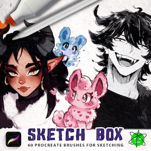 Pode incluir: Uma ilustração digital de um conjunto de 60 pincéis Procreate para esboçar. A imagem apresenta uma variedade de personagens e animais, incluindo uma mulher com chifres, um homem com um sorriso travesso e duas criaturas fofinhas. O texto "Sketch Box" é exibido em uma caixa roxa com um logotipo Procreate. O texto "60 Procreate Brushes for Sketching" é exibido abaixo da caixa.