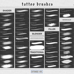 Puede incluir: Una hoja de referencia de arte digital titulada "tattoo brushes" con varios estilos de trazo de pincel, incluyendo l&iacute;nea, shader, filler, blender, tradicional, acuarela y stipple. La imagen es en blanco y negro.