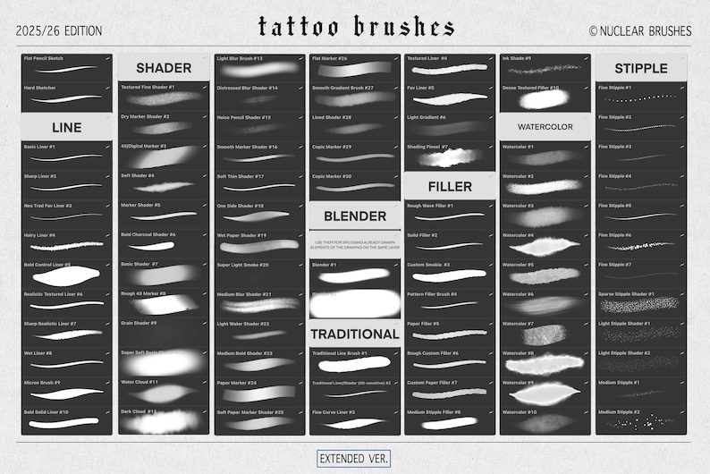 Puede incluir: Una hoja de referencia de arte digital titulada "tattoo brushes" con varios estilos de trazo de pincel, incluyendo l&iacute;nea, shader, filler, blender, tradicional, acuarela y stipple. La imagen es en blanco y negro.