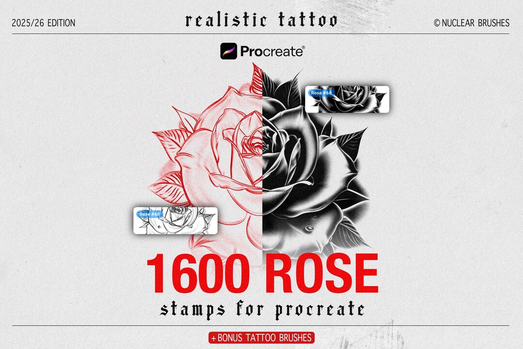 1600+ Realistic Tattoo Rose Stamps Mega Bundle for Procreate, Rose ...