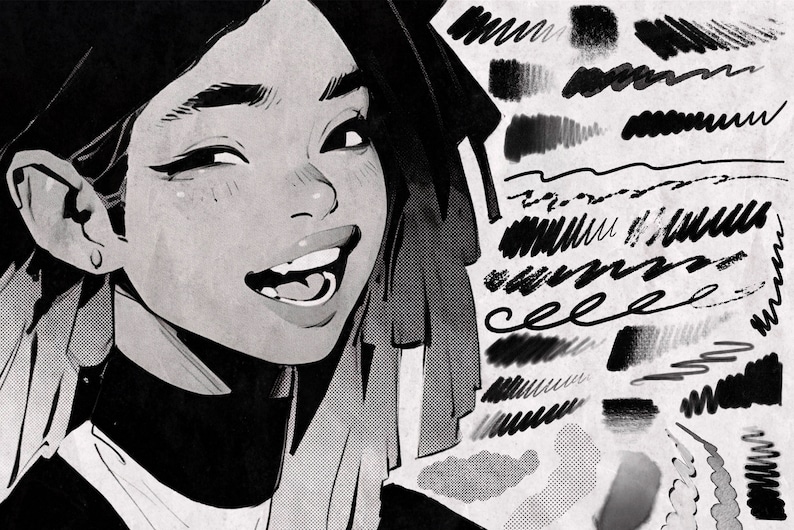 Puede incluir: Ilustraci&oacute;n digital en blanco y negro de una mujer con el pelo corto y rizado sonriendo. La imagen incluye una variedad de trazos de pincel y texturas en blanco y negro.