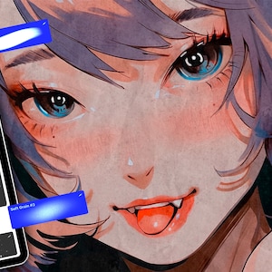 Puede incluir: Un primer plano de una ilustraci&oacute;n digital de la cara de una mujer. La mujer tiene ojos azules, mejillas rosadas y una expresi&oacute;n juguetona. Su cabello es morado y lleva una camisa azul claro. La imagen se crea utilizando un programa de arte digital y presenta una variedad de pinceladas y texturas.