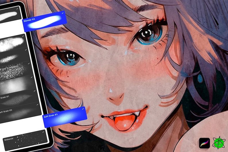 Puede incluir: Un primer plano de una ilustraci&oacute;n digital de la cara de una mujer. La mujer tiene ojos azules, mejillas rosadas y una expresi&oacute;n juguetona. Su cabello es morado y lleva una camisa azul claro. La imagen se crea utilizando un programa de arte digital y presenta una variedad de pinceladas y texturas.