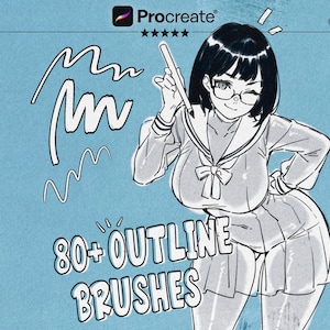 Może przedstawiać: Ilustracja w stylu mangi przedstawiająca postać trzymającą rysik, logo Procreate i tekst "80+ OUTLINE BRUSHES" na jasnoniebieskim tle. Obraz jest oznaczony jako "2025/26 EDITION" i zawiera logo Nuclear Brushes.