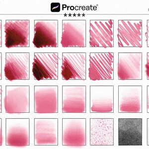 Może przedstawiać: Zestaw pędzli do sztuki cyfrowej dla Procreate, zawierający r&oacute;żne tekstury i pociągnięcia w odcieniach r&oacute;żu i czerwieni. Obraz zawiera logo Procreate oraz tekst "2025/26 EDITION" i "NUCLEAR BRUSHES".