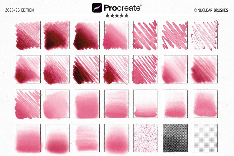 Może przedstawiać: Zestaw pędzli do sztuki cyfrowej dla Procreate, zawierający r&oacute;żne tekstury i pociągnięcia w odcieniach r&oacute;żu i czerwieni. Obraz zawiera logo Procreate oraz tekst "2025/26 EDITION" i "NUCLEAR BRUSHES".
