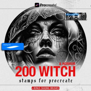 Pode incluir: Gráfico de arte digital para Procreate com uma ilustração detalhada em preto e branco do rosto de uma mulher com tatuagens de bruxa. A imagem inclui o texto "200 Witch Stamps for Procreate" e "+ Bonus Shading Brushes."