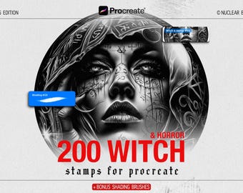200 Witch Horror Stamps for Procreate + Shading Brushes | Dark Gothic, Occult & Tattoo Inspired Stamp Bundle for iPad