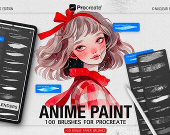Può includere: Forniture d'arte digitale per Procreate. L'immagine presenta un'illustrazione ad acquerello di una ragazza con un fiocco e una sciarpa rossi. Il testo recita "ANIME PAINT 100 BRUSHES FOR PROCREATE" con pennelli di carta aggiuntivi. Sono visibili anche un tablet e uno stilo.