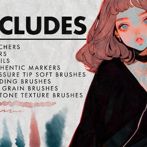 Puede incluir: Una ilustraci&oacute;n digital de una mujer con cabello rosado y ojos azules. El texto "INCLUDES" est&aacute; en la parte superior de la imagen, seguido de una lista de pinceles de arte digital: 6 dibujantes, 7 entintadores, 8 l&aacute;pices, 10 marcadores aut&eacute;nticos, 11 pinceles suaves de punta sensible a la presi&oacute;n, 7 pinceles de mezcla, 4 pinceles de grano suave y 3 pinceles de textura de semitono.