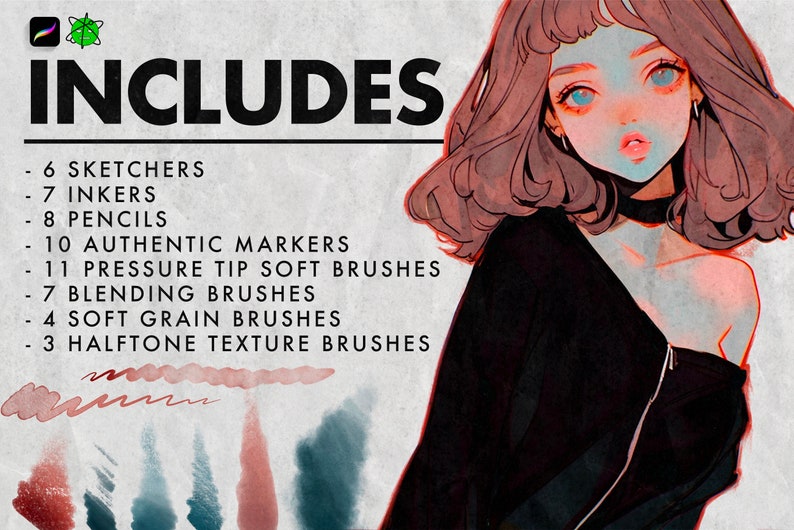 Puede incluir: Una ilustraci&oacute;n digital de una mujer con cabello rosado y ojos azules. El texto "INCLUDES" est&aacute; en la parte superior de la imagen, seguido de una lista de pinceles de arte digital: 6 dibujantes, 7 entintadores, 8 l&aacute;pices, 10 marcadores aut&eacute;nticos, 11 pinceles suaves de punta sensible a la presi&oacute;n, 7 pinceles de mezcla, 4 pinceles de grano suave y 3 pinceles de textura de semitono.