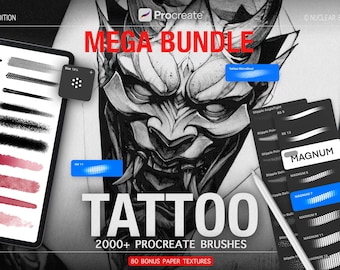 May include: A digital art bundle for Procreate featuring tattoo brushes. The image displays a tablet with brush stroke samples, a stylus, and cards labelled "MAGNUM." Text includes "MEGA BUNDLE," "TATTOO," and "2000+ PROCREATE BRUSHES."