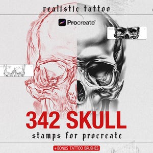May include: A digital art graphic featuring a detailed skull illustration, split into red outline and grayscale shading. The image includes the text "342 SKULL stamps for procreate" and "+ BONUS TATTOO BRUSHES".