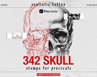 342 Tattoo Skull Procreate Stamps - Stencil Stamps & Bonus Tattoo Brushes Included, Realistic Skull Brush Pack for iPad