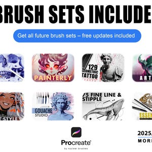 Op de afbeelding: Digitale penselensets voor Procreate, waaronder "Painterly" en "Soft Style." De afbeelding toont een tablet met stylus en voorbeelden van verschillende penselensets. Tekst luidt "Brush Sets Included" en "2025/26 Edition."