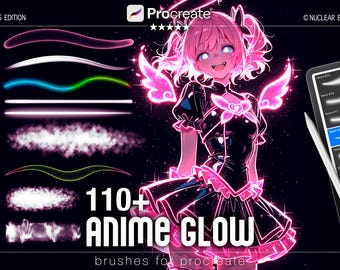 May include: Digital art illustration featuring a glowing anime character with pink accents, wings, and a black outfit. The image promotes "110+ Anime Glow" brushes for Procreate, with examples of brush strokes and a tablet with a stylus.