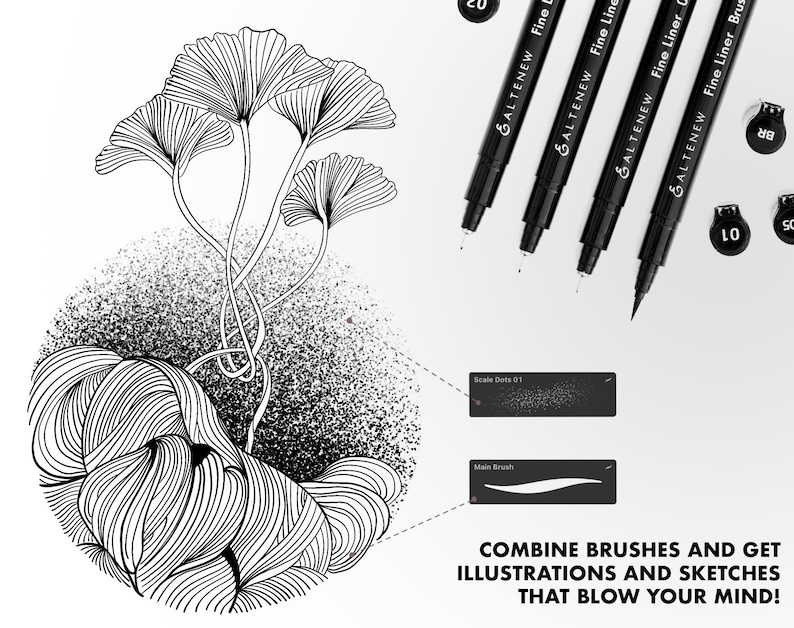 May include: Black and white illustration of a stylized ginkgo leaf with a textured background. The image shows four black fine-tipped pens with the brand name "SALTENEW" and the words "Fine Liner" and "Fine Line" printed on the pens. The image also includes a sample of a brush stroke and a sample of a dot pattern.