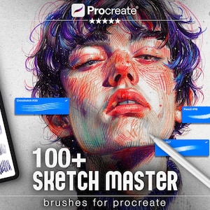 Peut inclure: Publicité d'art numérique pour Procreate. L'image présente un portrait stylisé avec des accents rouges et bleus, accompagné d'une tablette affichant des coups de pinceau. Le texte indique "100+ Sketch Master brushes for Procreate."
