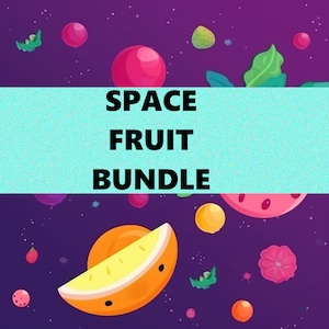 May include: A vibrant illustration featuring cartoon space fruit against a purple galaxy backdrop. The image includes an orange slice, pink orbs, and the text "SPACE FRUIT BUNDLE" in bold, black letters on a turquoise banner.