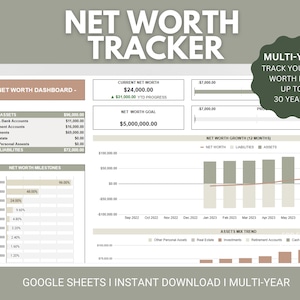 Net Worth Tracker Google Sheets | Net Worth Dashboard | Multi-Year Net Worth Planner | Net Worth Calculator Spreadsheet