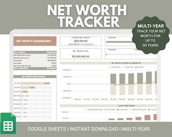 Reichtum Tracker Google Sheets | Vermögen Dashboard | Mehrjahres-Vermögensplaner | Reinwert-Rechner-Spreadsheet