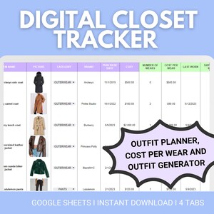 Cost Per Wear Tracker | Outfit Planner | Closet Tracker | Closet Spreadsheet Template | Outfit tracker  | Outfit generator