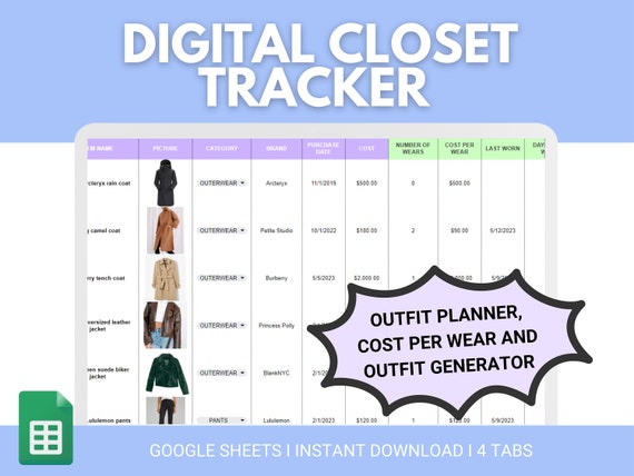 Cost Per Wear Tracker | Outfit Planner | Closet Tracker | Closet Spreadsheet Template | Outfit tracker  | Outfit generator