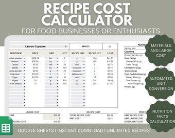 Recipe Cost Calculator and Recipe Nutrition Calculator | Recipe Cost Spreadsheet | Recipe Nutrition Spreadsheet |  Recipe Cost Google Sheets
