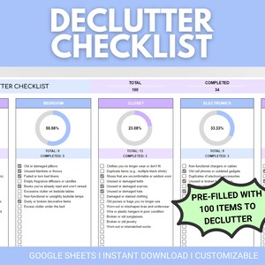 Decluttering Checklist Google Sheets Spreadsheet | Decluttering Tracker | Declutter Planner | House Declutter | Decluttering worksheet