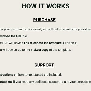 May include: A checklist with checkmarks next to each step on how to purchase and access a digital template. The steps include: After your payment is processed, you will get an email with your download. Download the PDF file. The PDF will have a link to access the template. Click on it. You will see an option to make a copy of the template. The checklist also includes support information: Instructions on how to get started are included. Contact me if you need any additional support to use your spreadsheet.