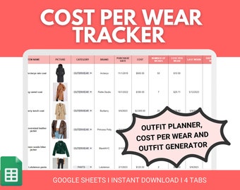 Suivi du coût par usure | Planificateur de tenues | Suivi de placard | Modèle de feuille de calcul pour placard | Suivi de tenue | Générateur de tenues