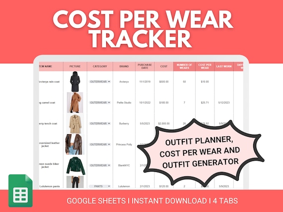 Cost Per Wear Tracker | Outfit Planner | Closet Tracker | Closet Spreadsheet Template | Outfit tracker  | Outfit generator